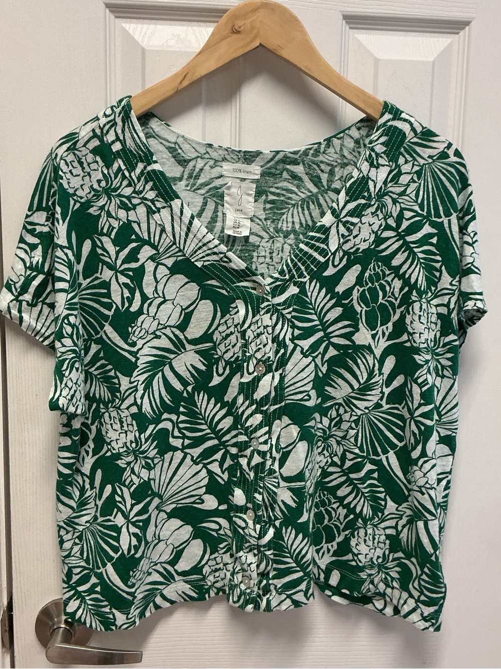 Joie XL 100% Linen Green Tropical Summer Short Sleeve Button Down Beach Top